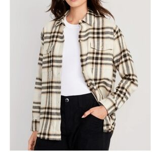 Old Navy Flannel Shirt Boyfriend Oversized Button Up Black White Brown Plaid L